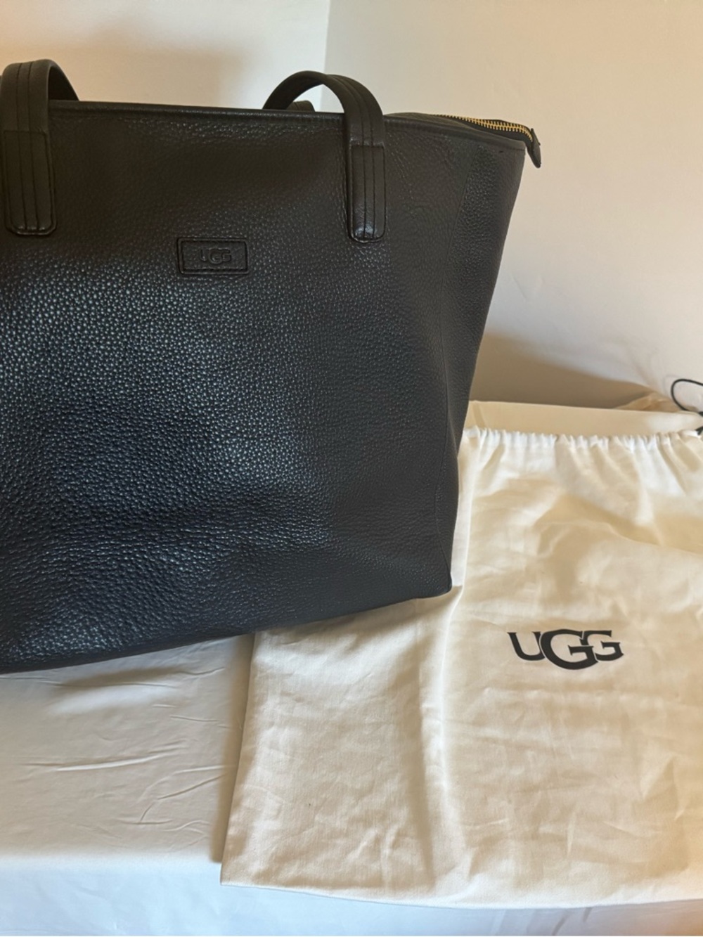 UGG Black Textured Leather Zip-Top Tote